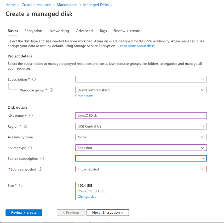 Screenshot of the Create Manage Disk page in the Azure portal.