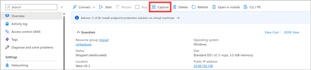 Screenshot of the virtual machine page in the Azure portal.