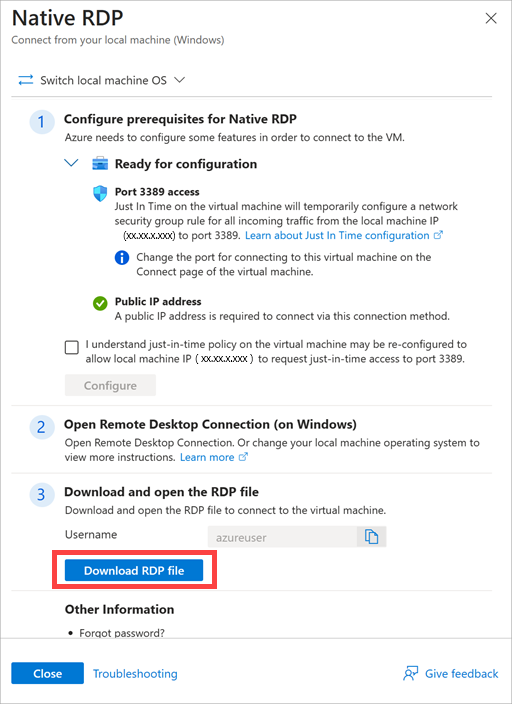 Screenshot of the Windows virtual machine page, highlighting the Connect button and RDP download.