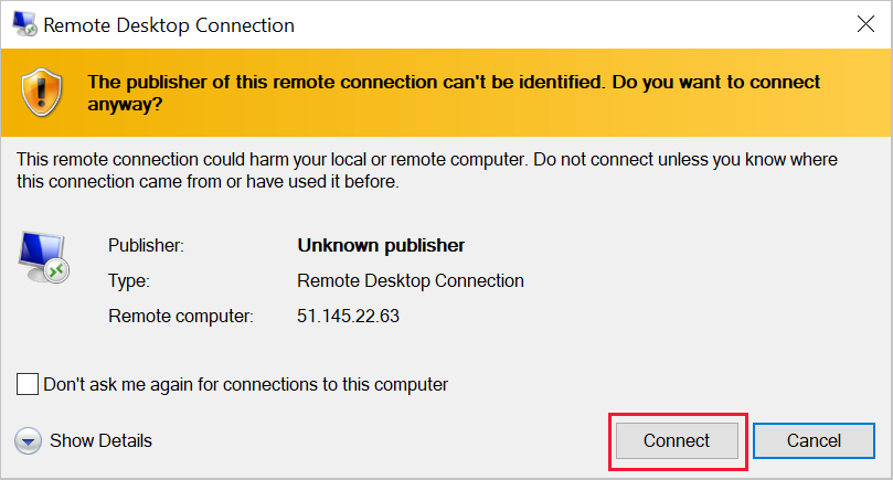 Screenshot of the Remote Desktop Connection dialog box, stating that the remote connection can't be identified. The Connect button is highlighted.