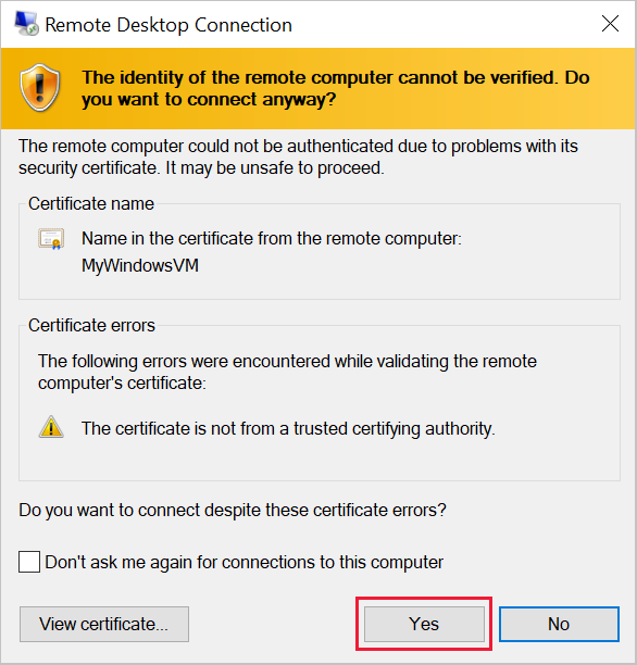Screenshot of the Remote Desktop Connection dialog box, warning of problems with the security certificate. The Yes button is highlighted.