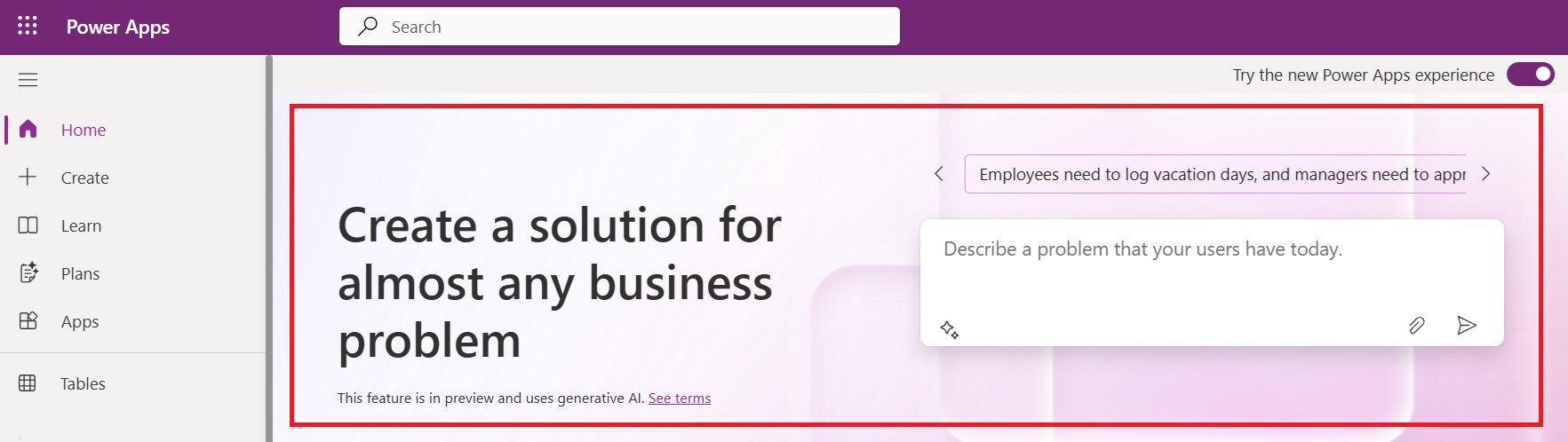 Screenshot of entering a business problem in the Plan Designer.
