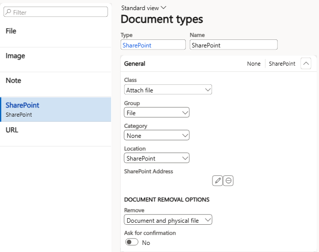 Screenshot of the Document types page with SharePoint enabled.