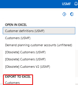 Screenshot of the Customers option selected under Export to Excel.
