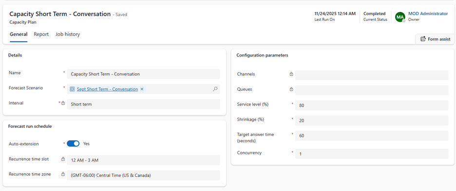 Screenshot that shows a short-term conversation capacity plan.