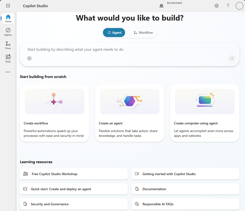 Screenshot of the Microsoft Copilot Studio home page.