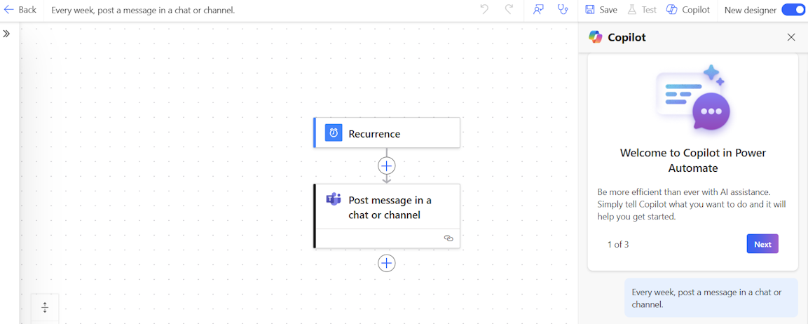 Screenshot of the Power Automate designer with Copilot assistance.