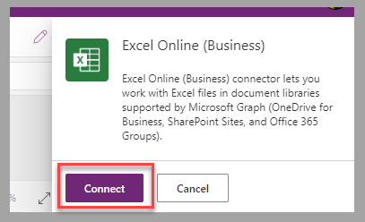 Screenshot of Power Apps canvas studio. Focus is on the Connect option for the Excel Online Business data source.