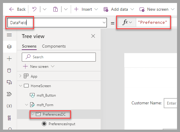 Screenshot of Power Apps canvas studio. Focus is on the Data Field property for Preferences D C and on the property value Preference.