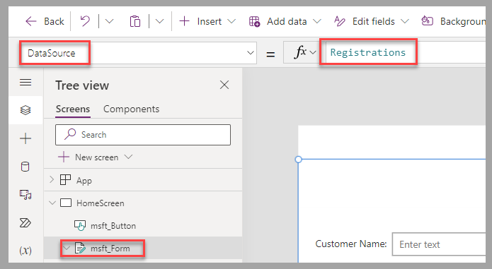 Screenshot of Power Apps canvas studio. Focus is on Registrations as the Data Source property.