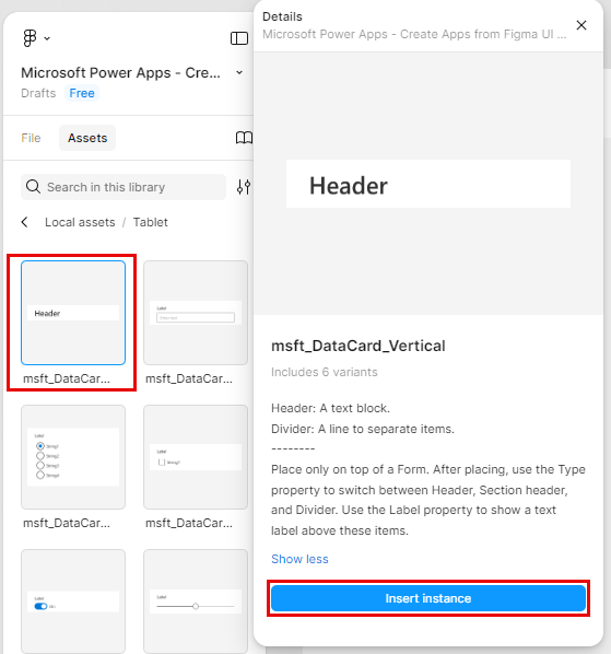 Screenshot of Figma studio. Focus is on the text Tablet Horizontal DataCards list of components located under Assets in the left navigation pane.