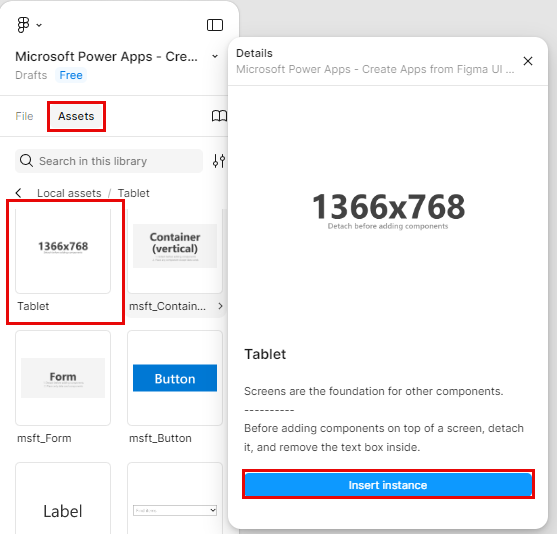 Screenshot of the Figma studio. Focus is on the Tablet Screen component located under the Assets section of the left navigation pane.