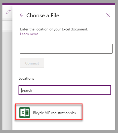Screenshot of Power Apps canvas studio. Focus is on the Bicycle V I P registration Excel file.
