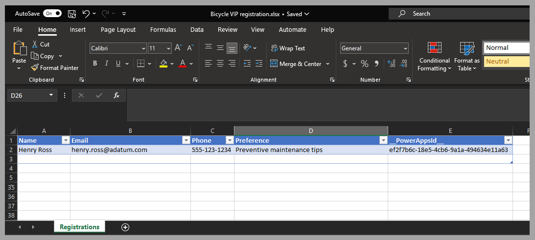 Screenshot of the Microsoft Excel spreadsheet named Bicycle V I P registration.