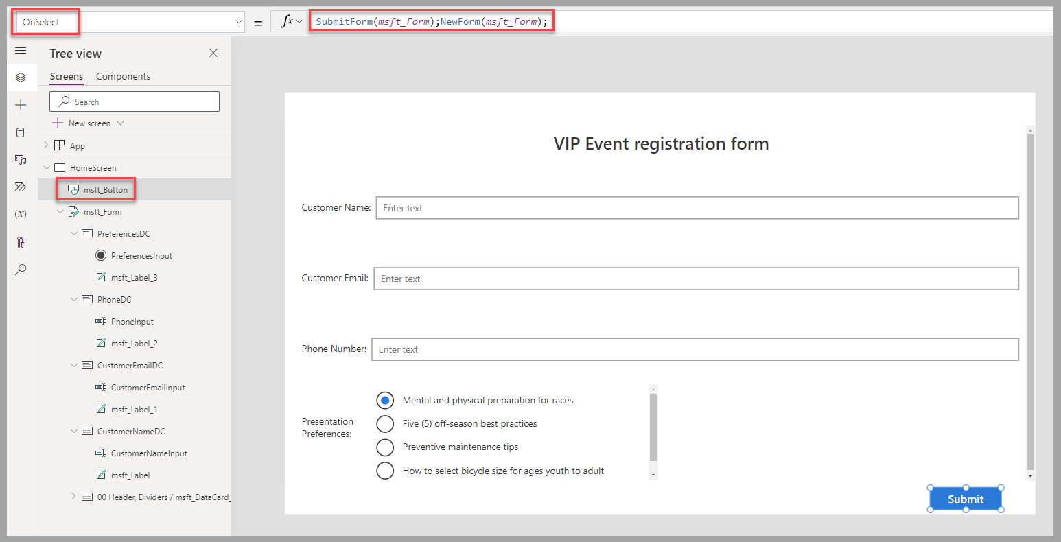 Screenshot of Power Apps canvas studio. Focus is on the On Select property for M S F T Button.