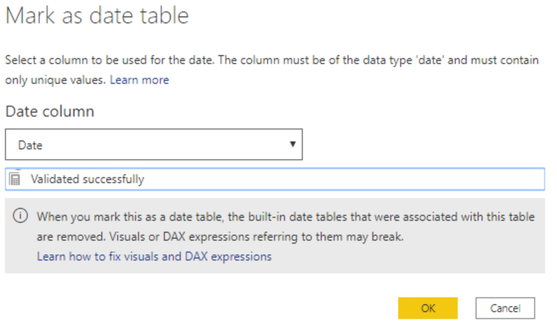 Screenshot of the mark as date table dialog.