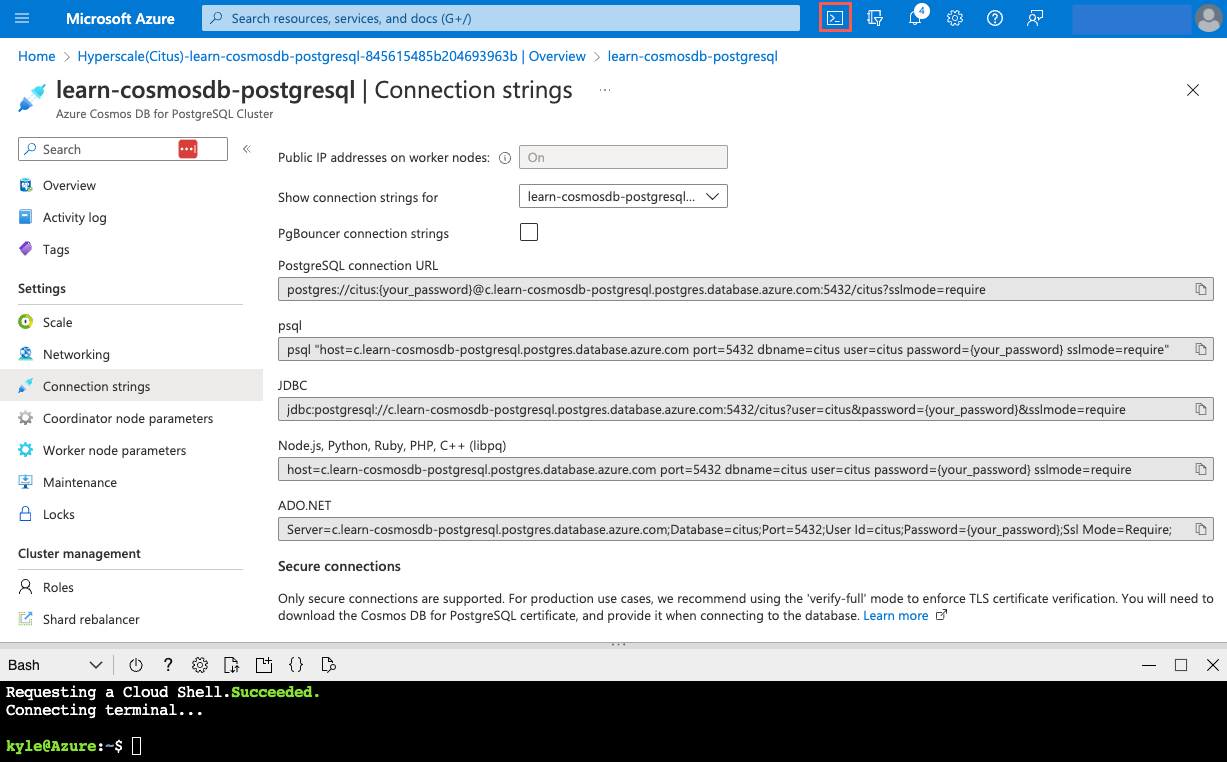 Screenshot that shows the Cloud Shell icon on the Azure portal global commands, and a Cloud Shell pane open at the bottom of the browser window.