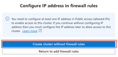 Screenshot that shows the Configure IP address in firewall rules dialog, with a warning message.