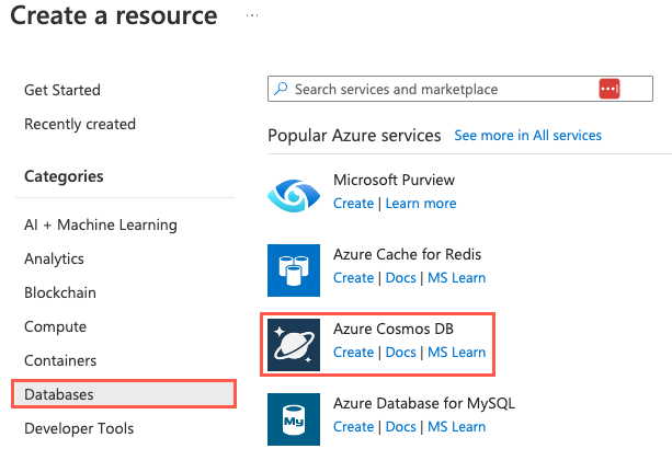 Screenshot that shows the Azure portal Create a resource pane. Databases and Azure Cosmos DB are highlighted.