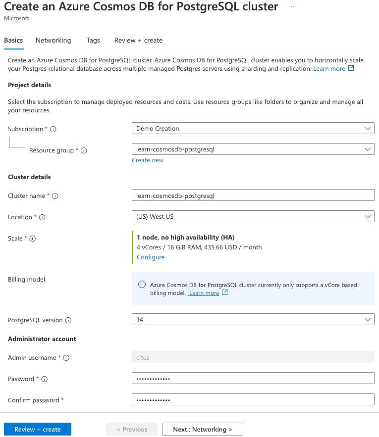 Screenshot that shows the Basics tab of the Create an Azure Cosmos DB PostgreSQL cluster dialog. The fields are populated with the values specified in the exercise.