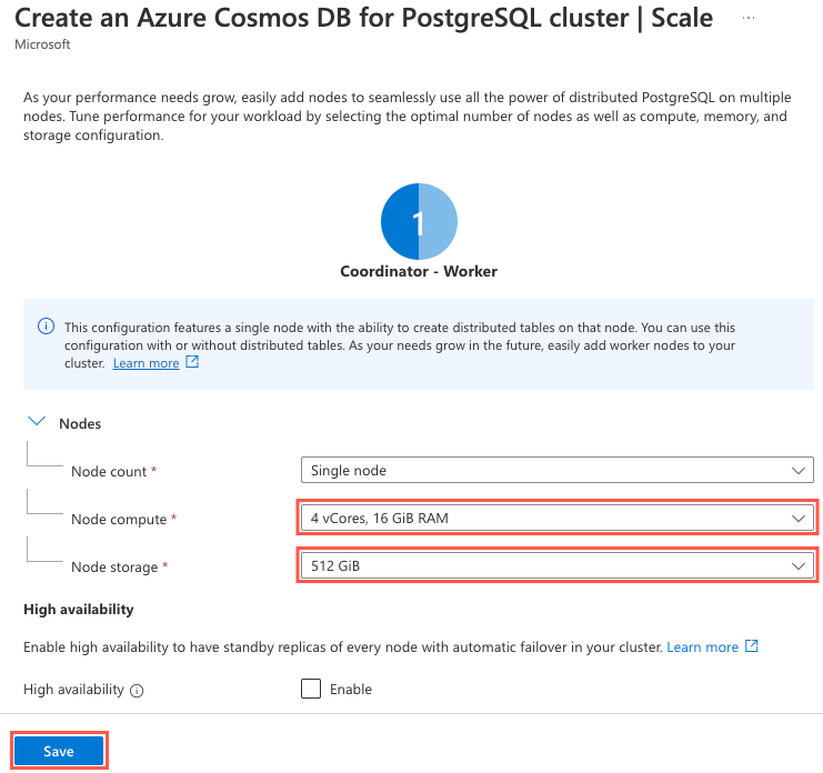 Screenshot that shows the Create an Azure Cosmos DB PostgreSQL cluster configuration dialog. The node configuration specified in the exercise is selected.