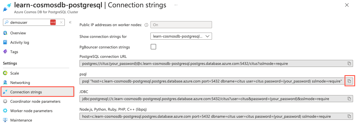 Screenshot that shows the Connection strings pane of the Azure Cosmos DB Cluster resource. On the Connection strings pane, the copy to clipboard button to the right of the psql connection string is highlighted.