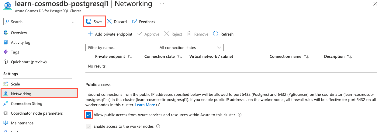Screenshot that shows the Azure Cosmos DB for PostgreSQL cluster resource in the Azure portal. The Networking menu is selected and highlighted.