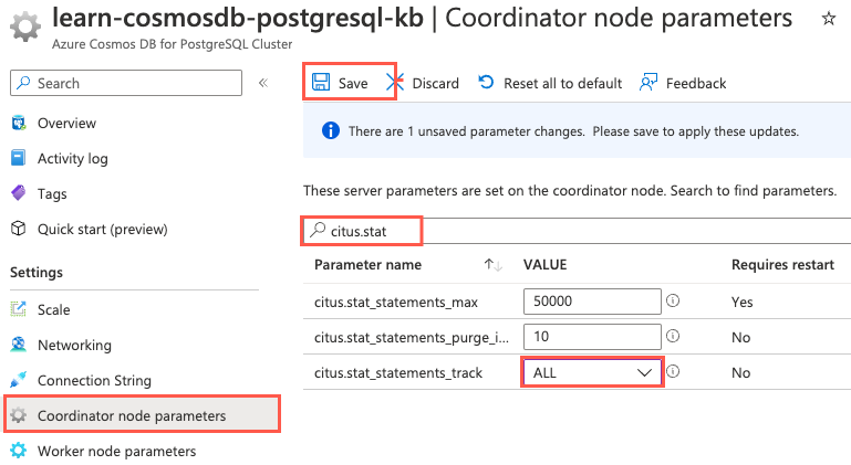 Screenshot that shows the Coordinator node parameters pane on the Azure Cosmos DB for PostgreSQL Cluster. The Coordinator node parameters menu is selected.