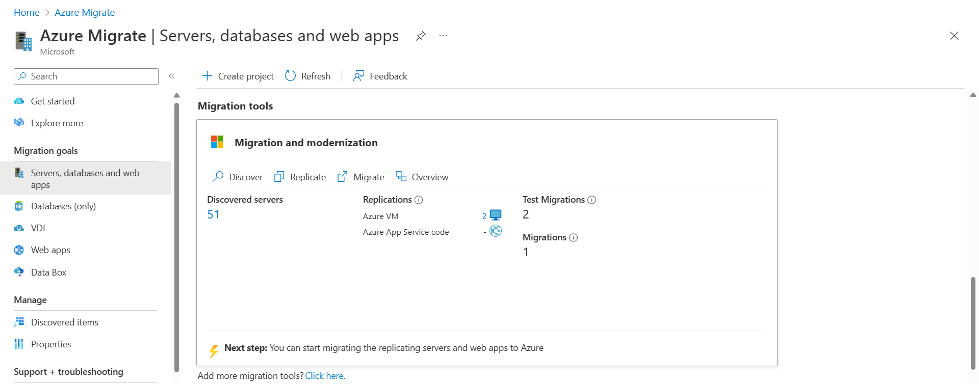 Screenshot of the Azure Migrate Servers page in Azure Admin center.