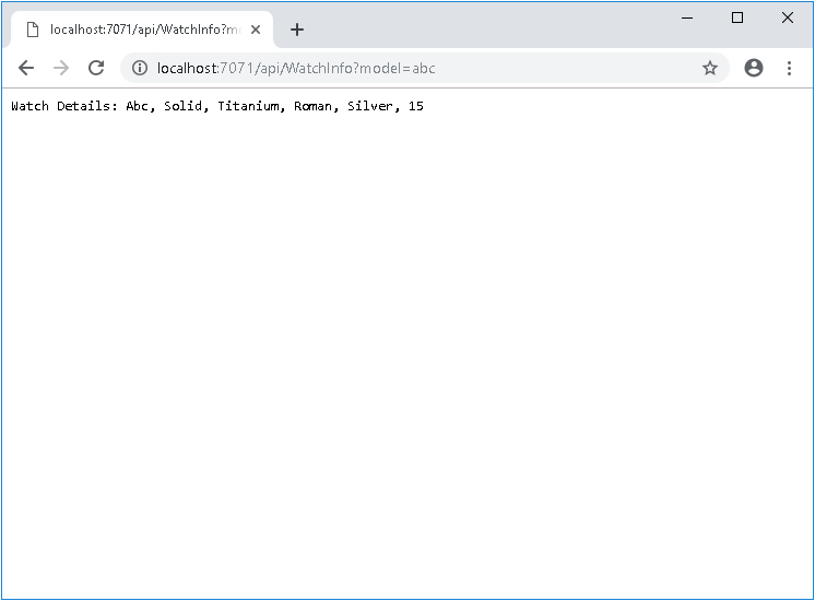 Screenshot of a web browser triggering the WatchInfo Azure Function. The function returns the dummy details for the model specified in the query string of the URL provided.