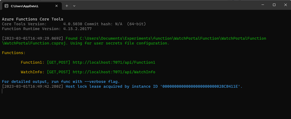Screenshot of the Azure Functions runtime window. The runtime starts the Azure Function App, and is displaying the URLs for the 'Function1' and 'WatchInfo' Azure Functions.