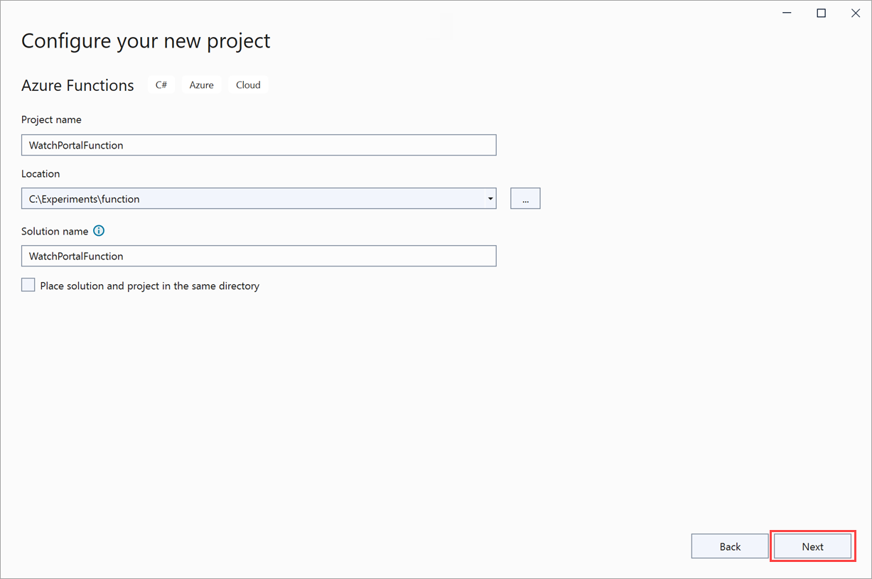 Screenshot of Configure your new project page with create highlighted.