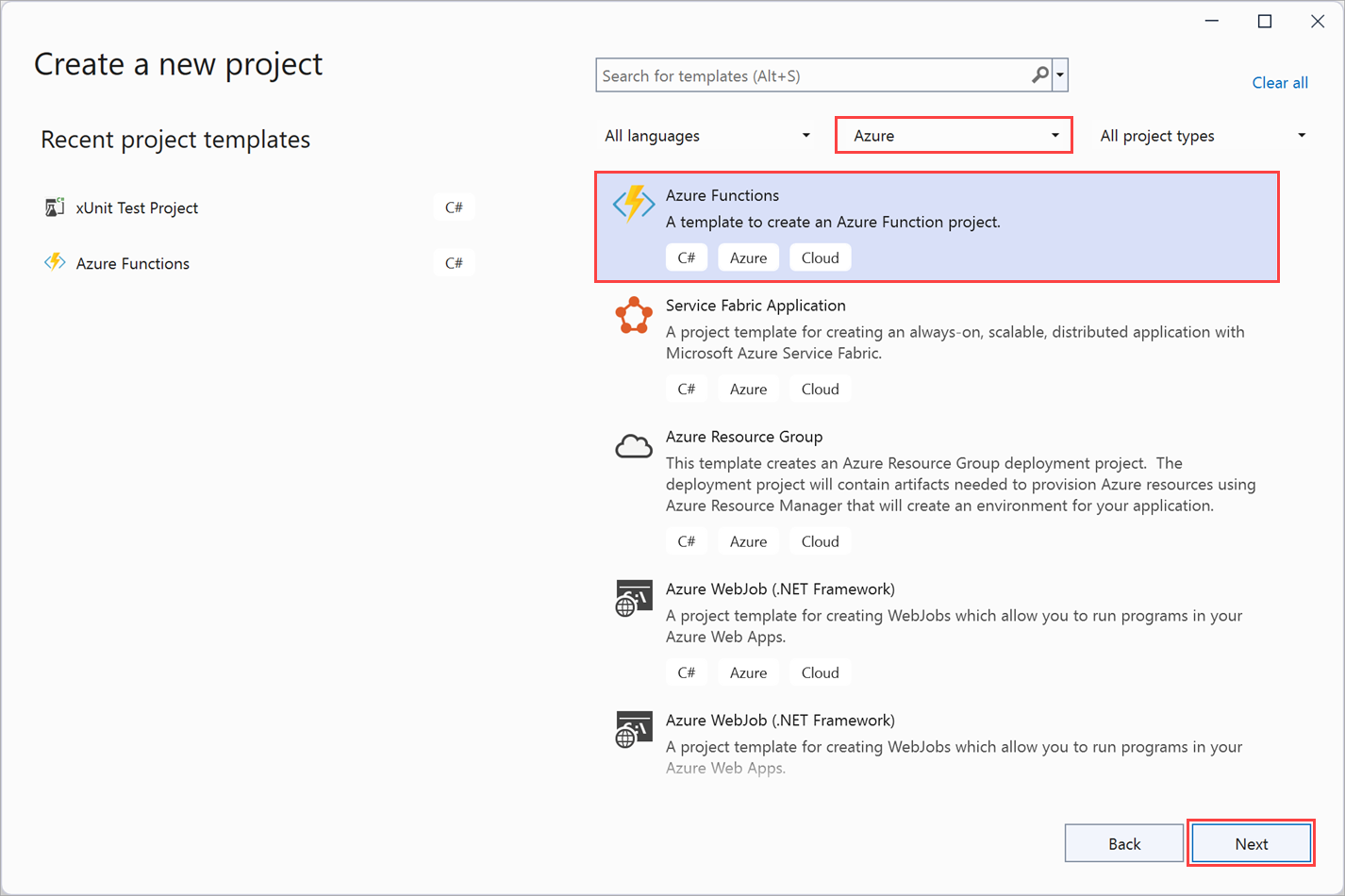 Screenshot of Visual Studio 2022 Create a new project page with Azure Functions template highlighted.