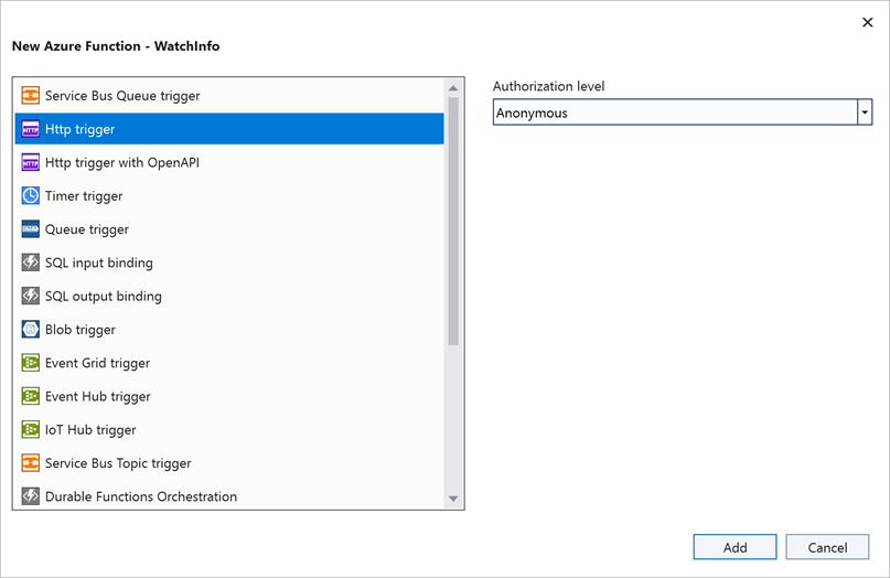 Screenshot of the New Azure Function window. The Http Trigger with Anonymous access rights is selected.