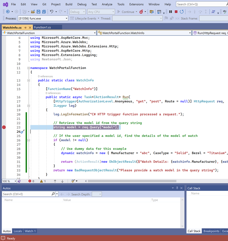 Screenshot of Visual Studio showing a breakpoint on the statement that reads the model from the query string.