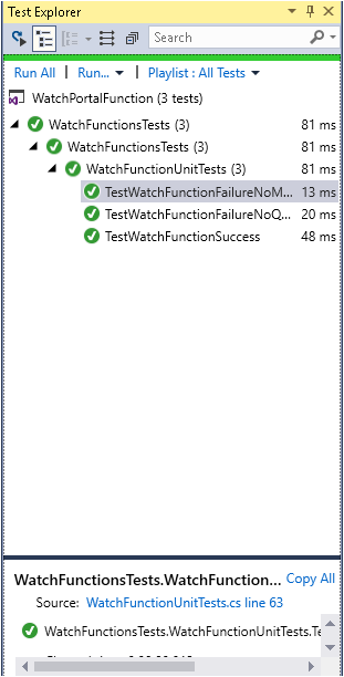 Screenshot of the Team Explorer window. All three tests ran successfully.