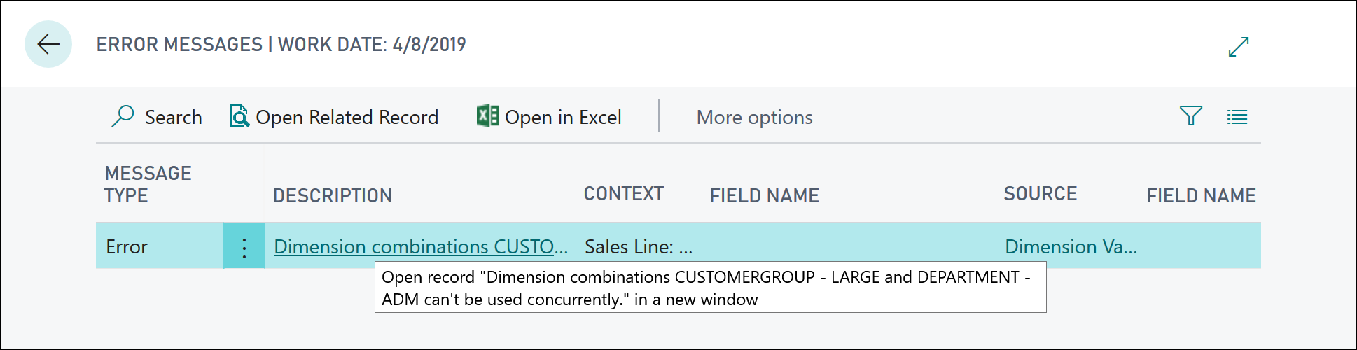 Screenshot of the Dimension value combination error message.