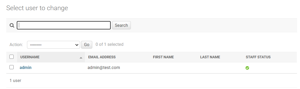 Screenshot showing the list of Django admin users.