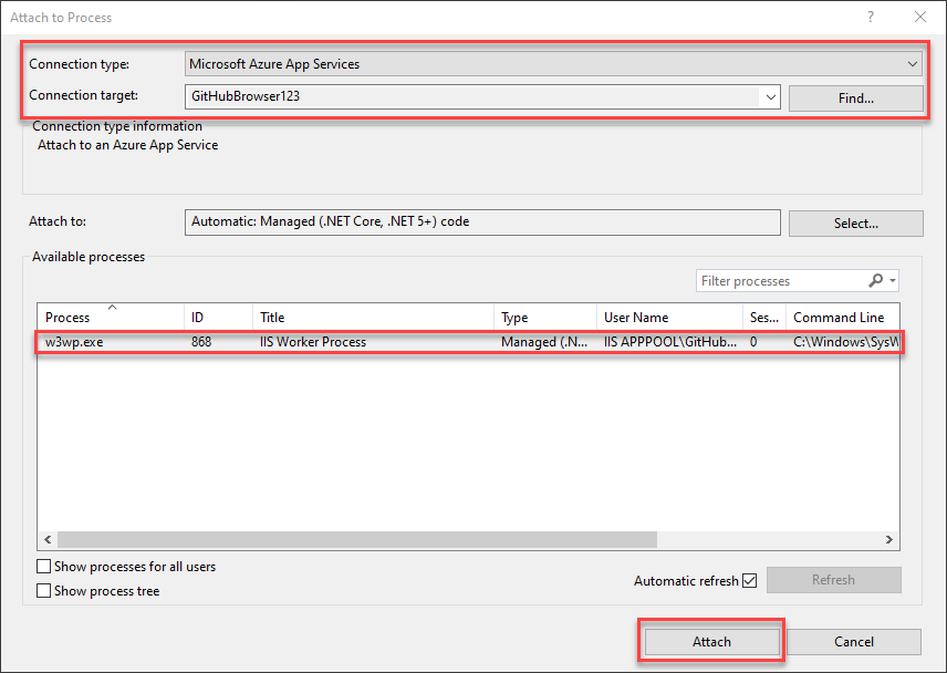A screenshot of the attach to process features.