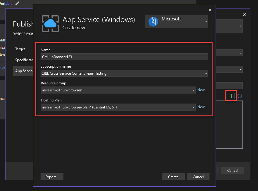 A screenshot of the create app service workflow.