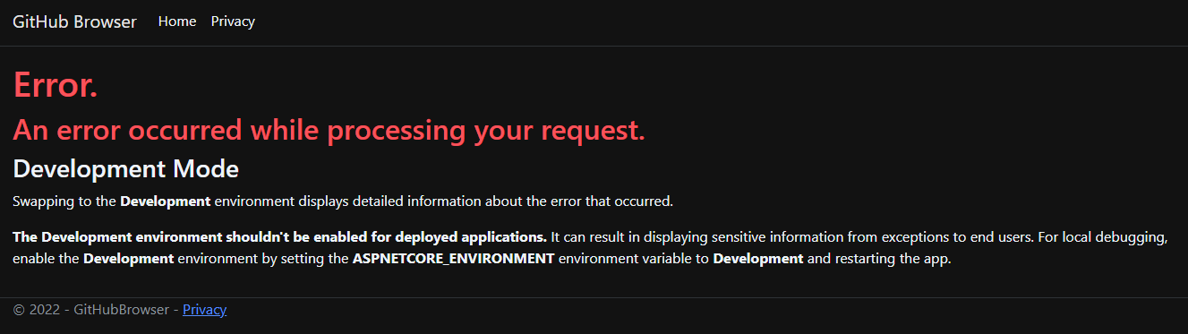 A screenshot of the application error.