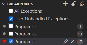 Screenshot showing the breakpoints listed in the Breakpoints pane.
