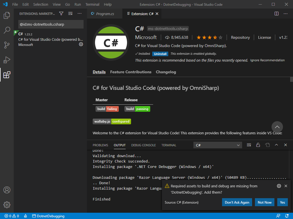 Screenshot of Visual Studio Code prompt to add required assets to build and debug your .NET project.