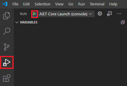Screenshot of the Start debugging button in Visual Studio Code.