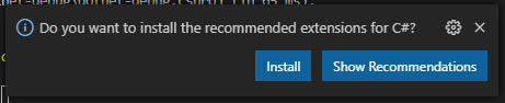 Screenshot of the Visual Studio Code prompt for recommended extensions.