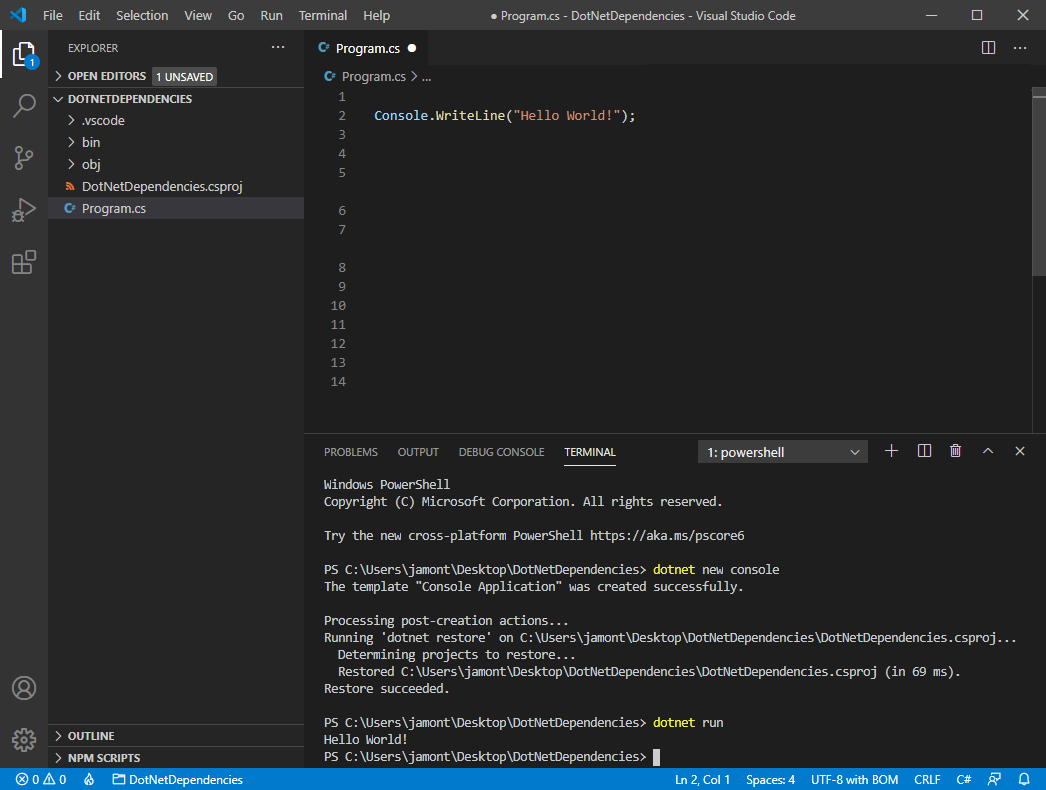 Screenshot of Visual Studio Code with a new console application.