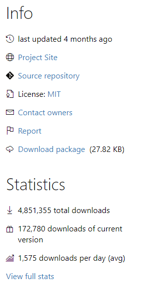 Screenshot of information and metrics on a NuGet package.