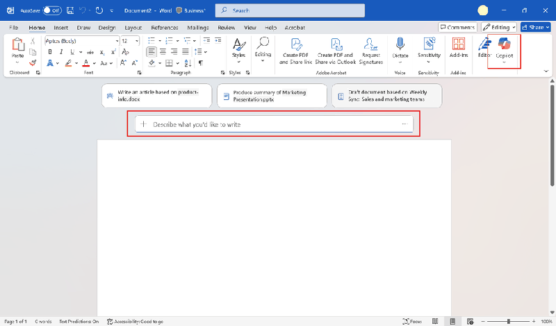 Screenshot of a new document in Microsoft Word, with the Copilot button in Home Ribbon and the Copilot prompt above the document highlighted.