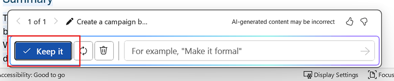Screenshot showing the Keep it button on the Copilot in Word prompt box after Copilot finishes its draft.