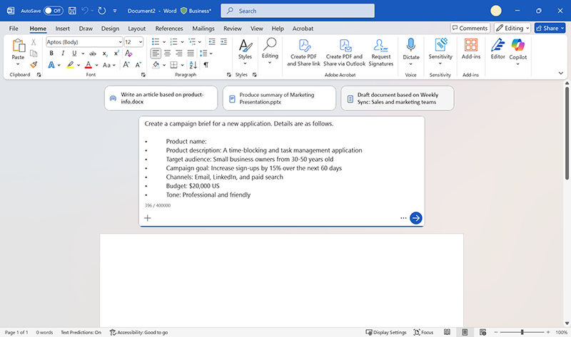Screenshot showing a long prompt within a Copilot prompt box in a blank Microsoft Word document.